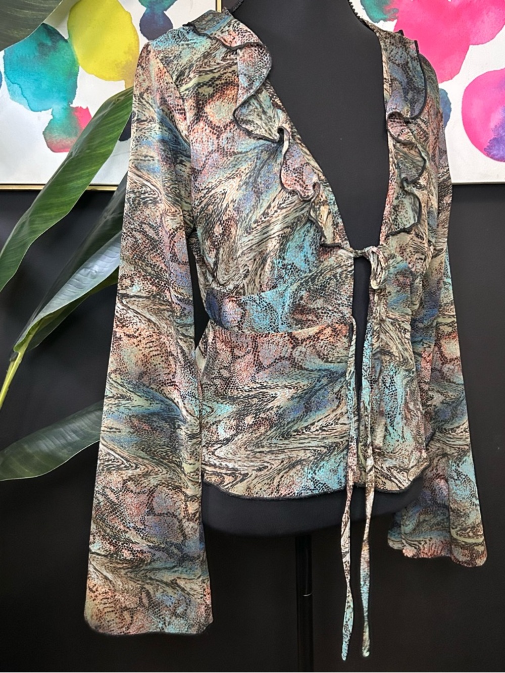 Ruffled Tie-Front Sheer Blouse in Teal & Brown - Picture 3 of 4
